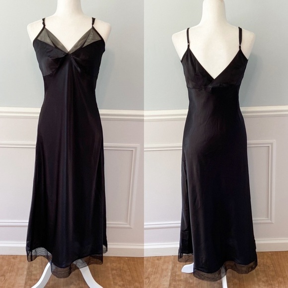 Cabernet Other - Cabernet Slip Dress Black Satin Mesh 90s 30s Style Bias Cut Pin Up Black Sz S
